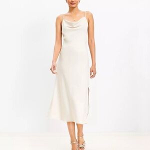 Loft NWT Small Champagne Beige Satin Silky Slip Midi Dress Draped Neck‎